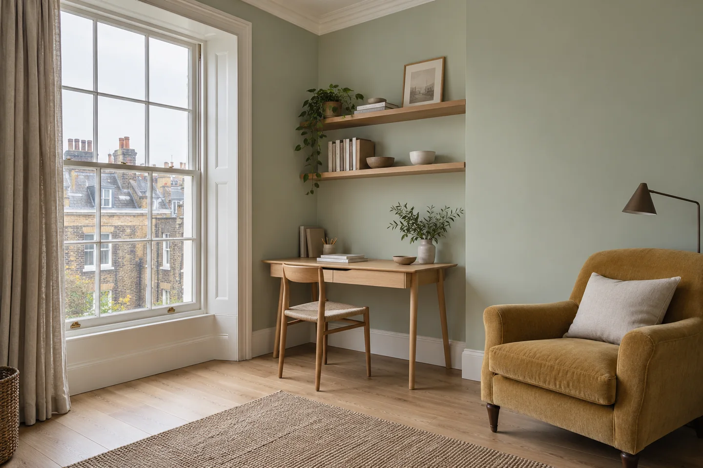 Freshly decorated flat in a Victorian building with a tall window and carefully finished interior joinery