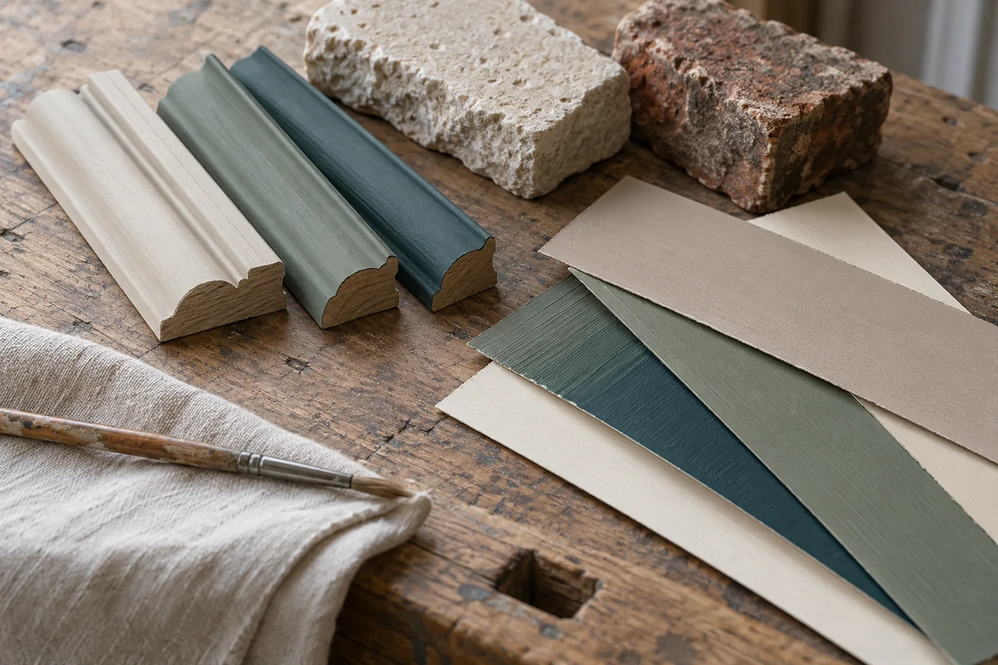 Painted timber mouldings and colour samples in chalk, sage and blue-green beside limestone, brick and a fine brush