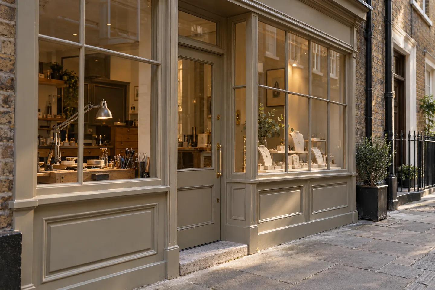 Small jewellery workshop and showroom with a painted timber shopfront and discreet display window